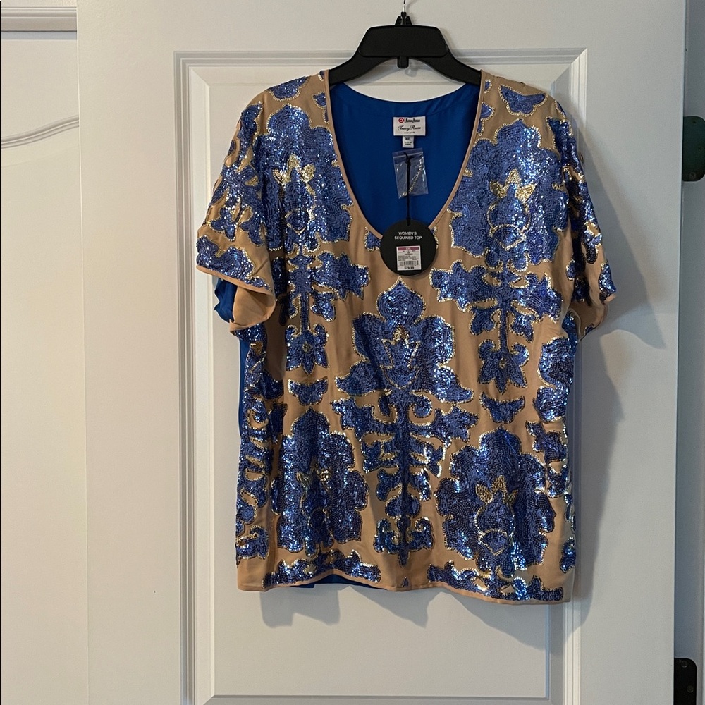 Fracy ReeseChico's Blue and Tan Sequin Blouse